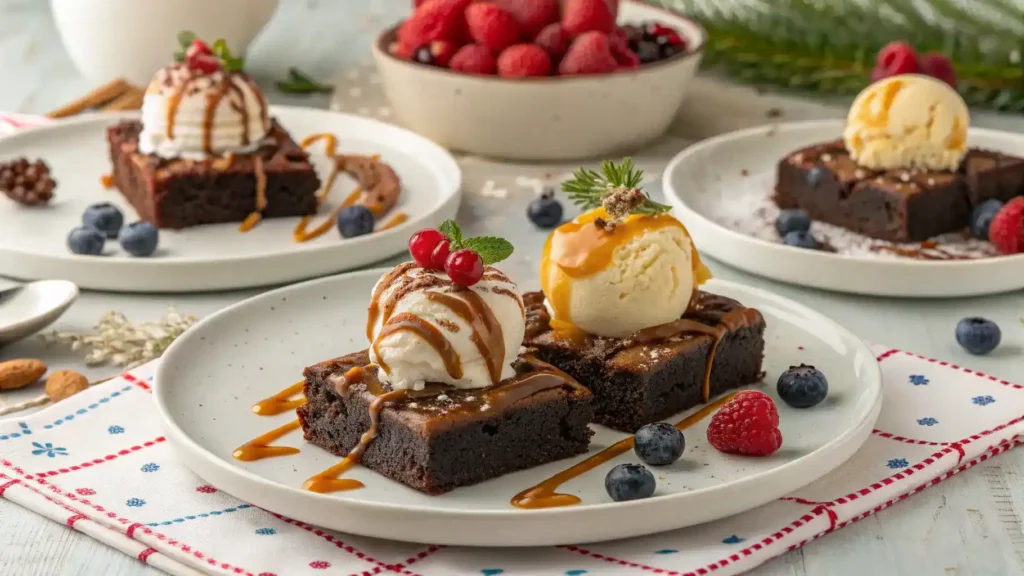 Lunchroom Ladies Brownies served with toppings like ice cream and berries.