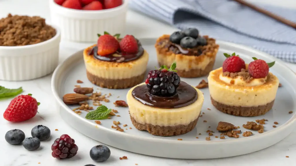 Serving suggestions for Mini Biscoff Cheesecakes, featuring chocolate sauce and fresh berries.