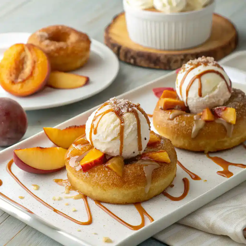 Serving suggestions for Peach Cobbler Donuts with ice cream and caramel sauce.