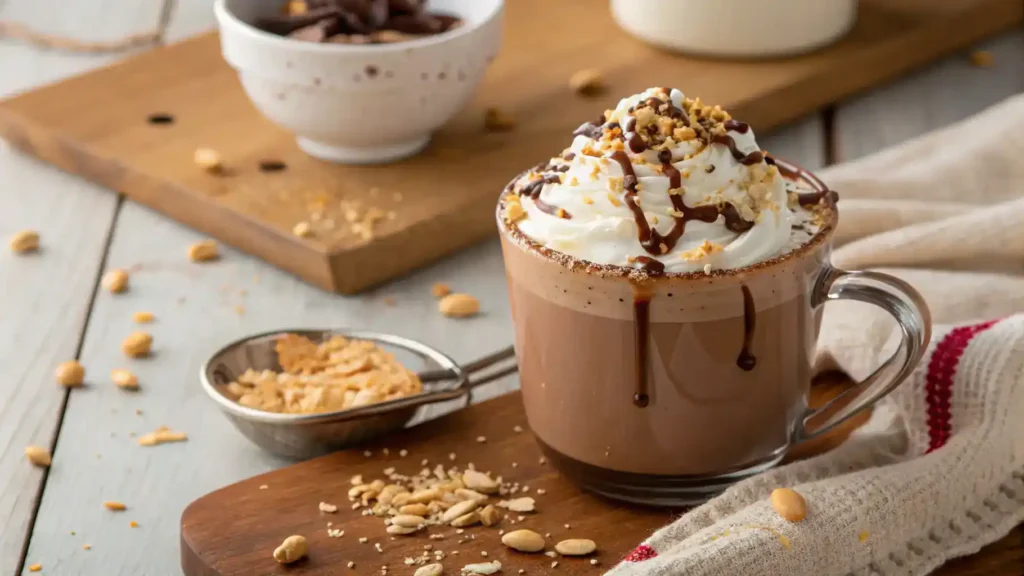 A cozy serving suggestion for peanut butter hot chocolate with whipped cream and crushed peanuts.