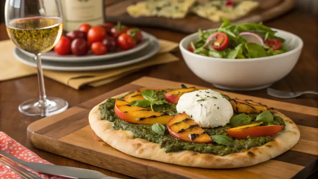 Serving suggestions for Pesto, Grilled Peach & Burrata Flatbread.