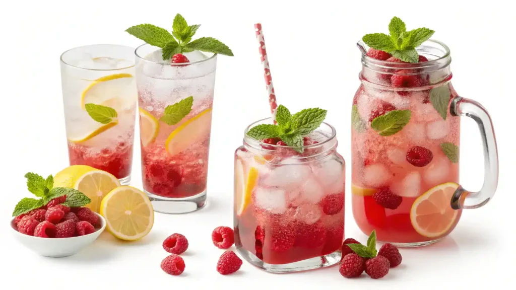 Different ways to serve raspberry lemonade with garnishes.
