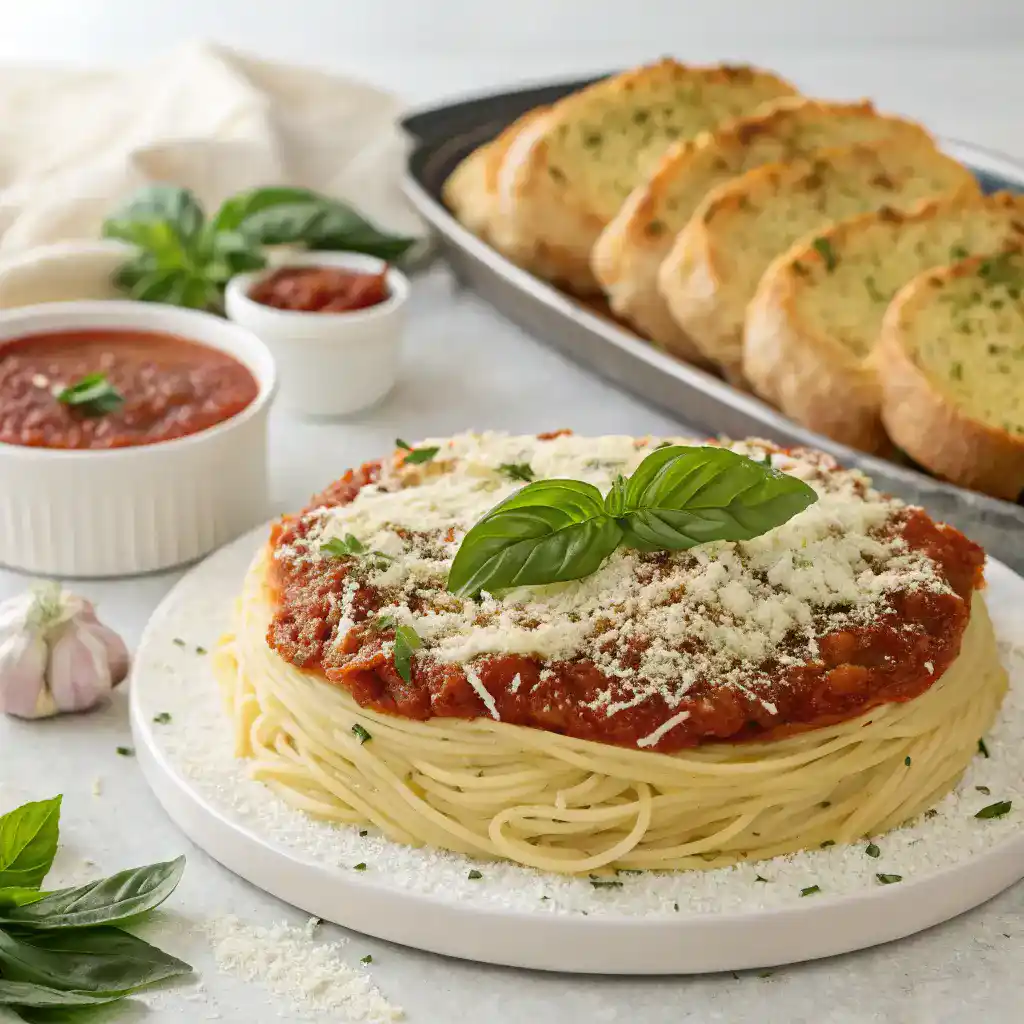 A beautifully plated Spaghetti Pie garnished with fresh herbs and served with garlic bread and salad.