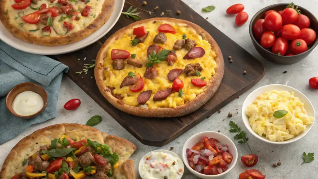 Serving suggestions for The Best Breakfast Pizza, featuring arugula, balsamic glaze, and fresh fruit.