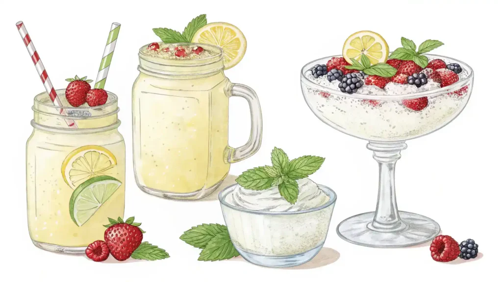 Creative serving ideas for whipped lemonade with garnishes and snacks.