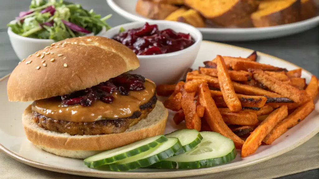 Serving suggestions for peanut butter and jelly burger with various sides.