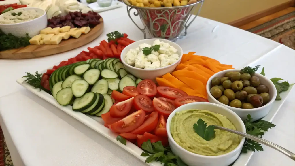 A vibrant display of fresh vegetables, cheeses, and dips for Mother's Day appetizers.