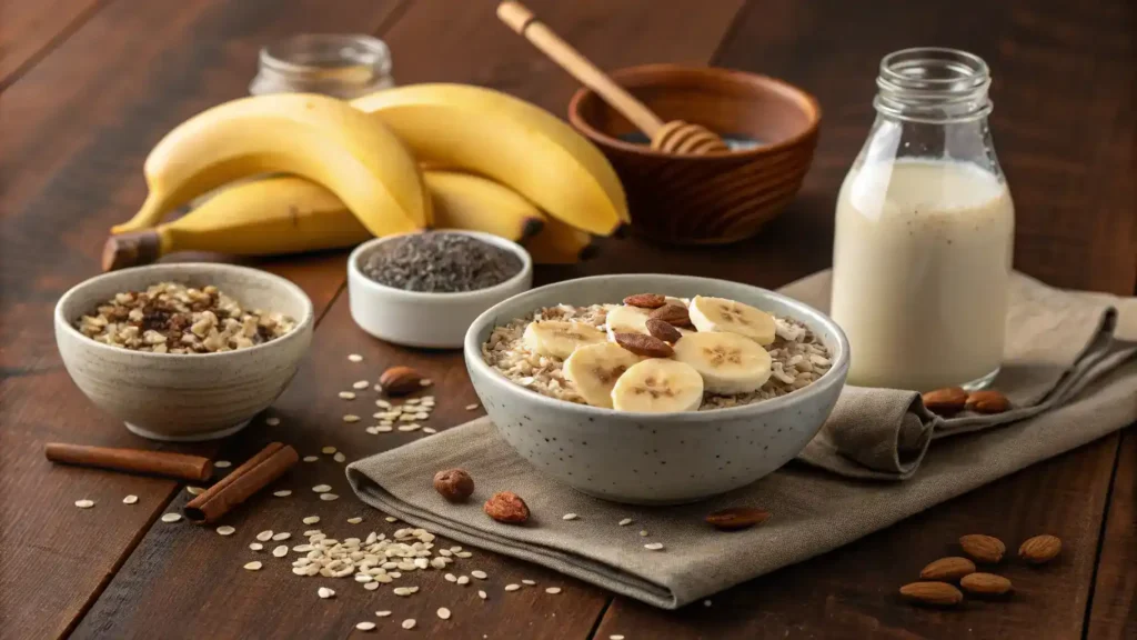 Ingredients for Banana Overnight Oats displayed on a wooden table.