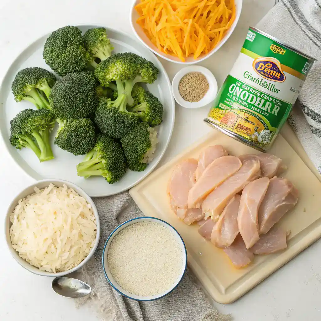 Ingredients for broccoli chicken cheese casserole displayed on a kitchen counter.