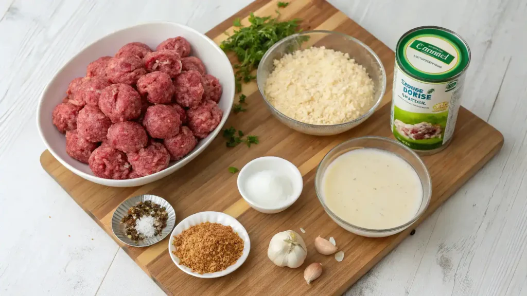Ingredients for Crock Pot Swedish Meatballs displayed on a wooden kitchen table.