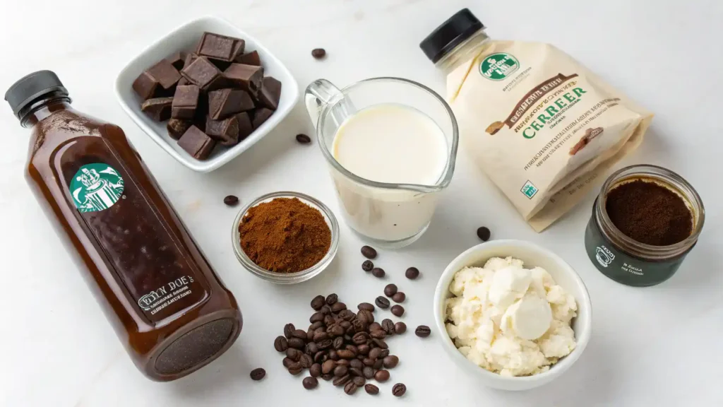 Ingredients for Double Chocolate Chip Frappuccino laid out on a countertop.