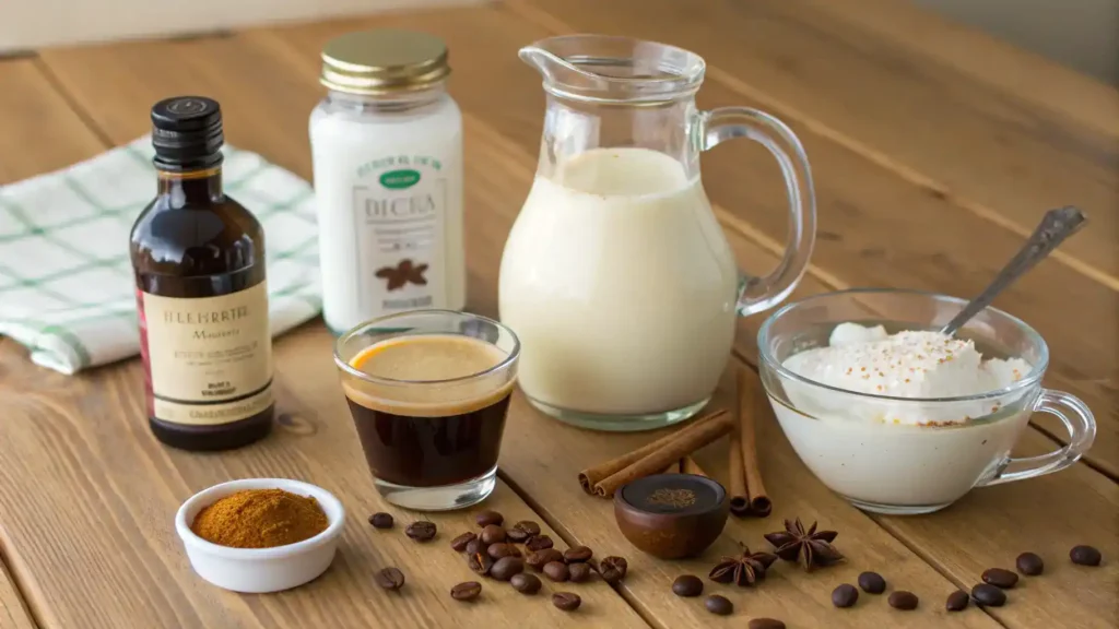 Ingredients for making an eggnog latte displayed on a wooden table.