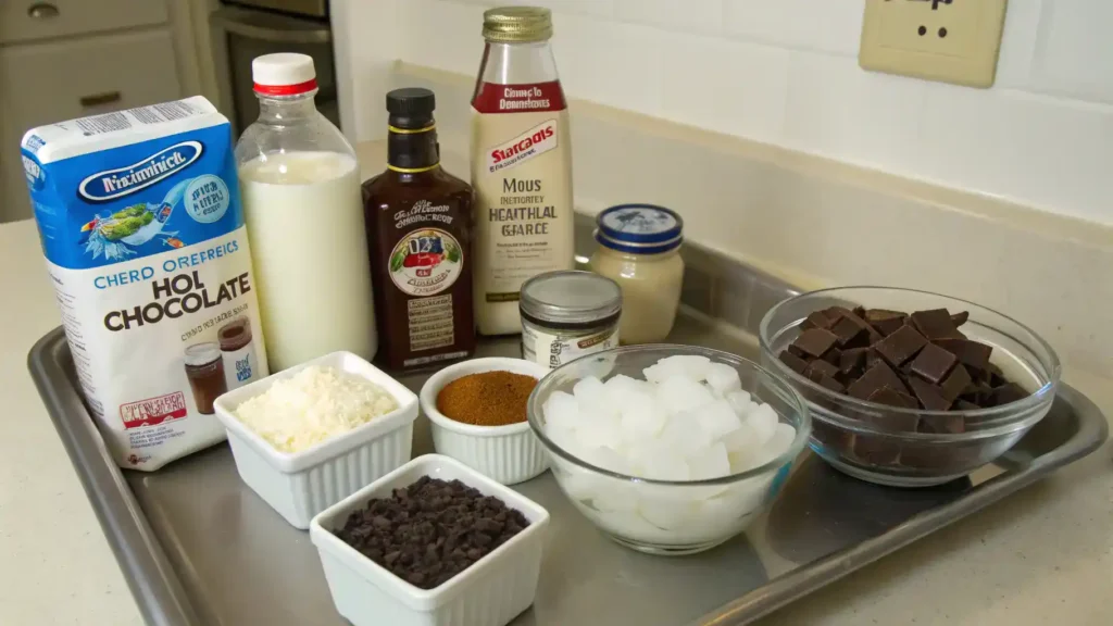 Ingredients for making frozen hot chocolate displayed on a kitchen counter.