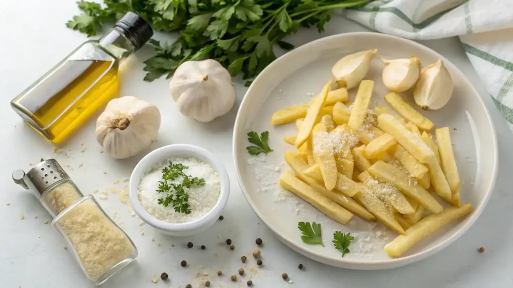 Ingredients for making garlic fries, including garlic, fries, olive oil, parsley, salt, and Parmesan cheese.