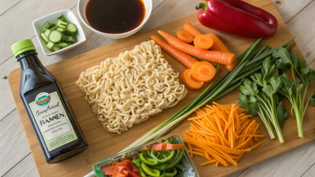 Ingredients for Hello Fresh ramen including noodles, broth, and fresh vegetables.