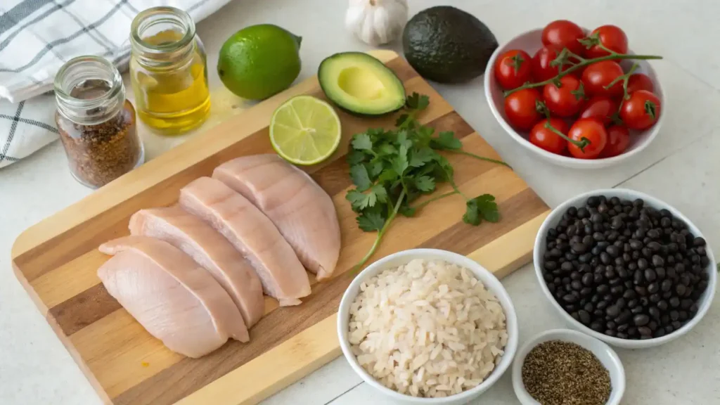 Ingredients for honey lime chicken and avocado rice stack laid out on a wooden table.