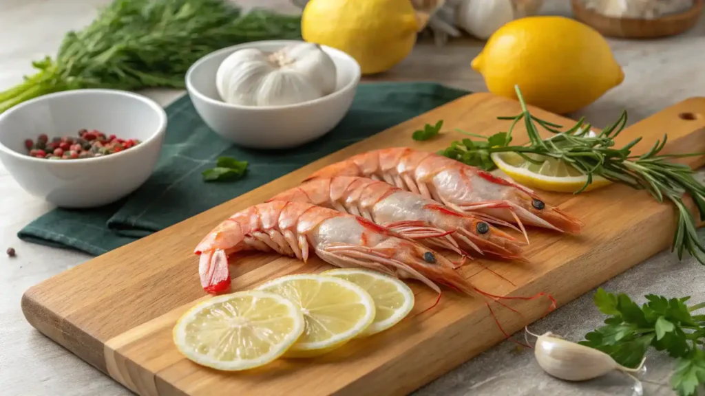 Ingredients for langostino tails including garlic, lemon, and herbs.
