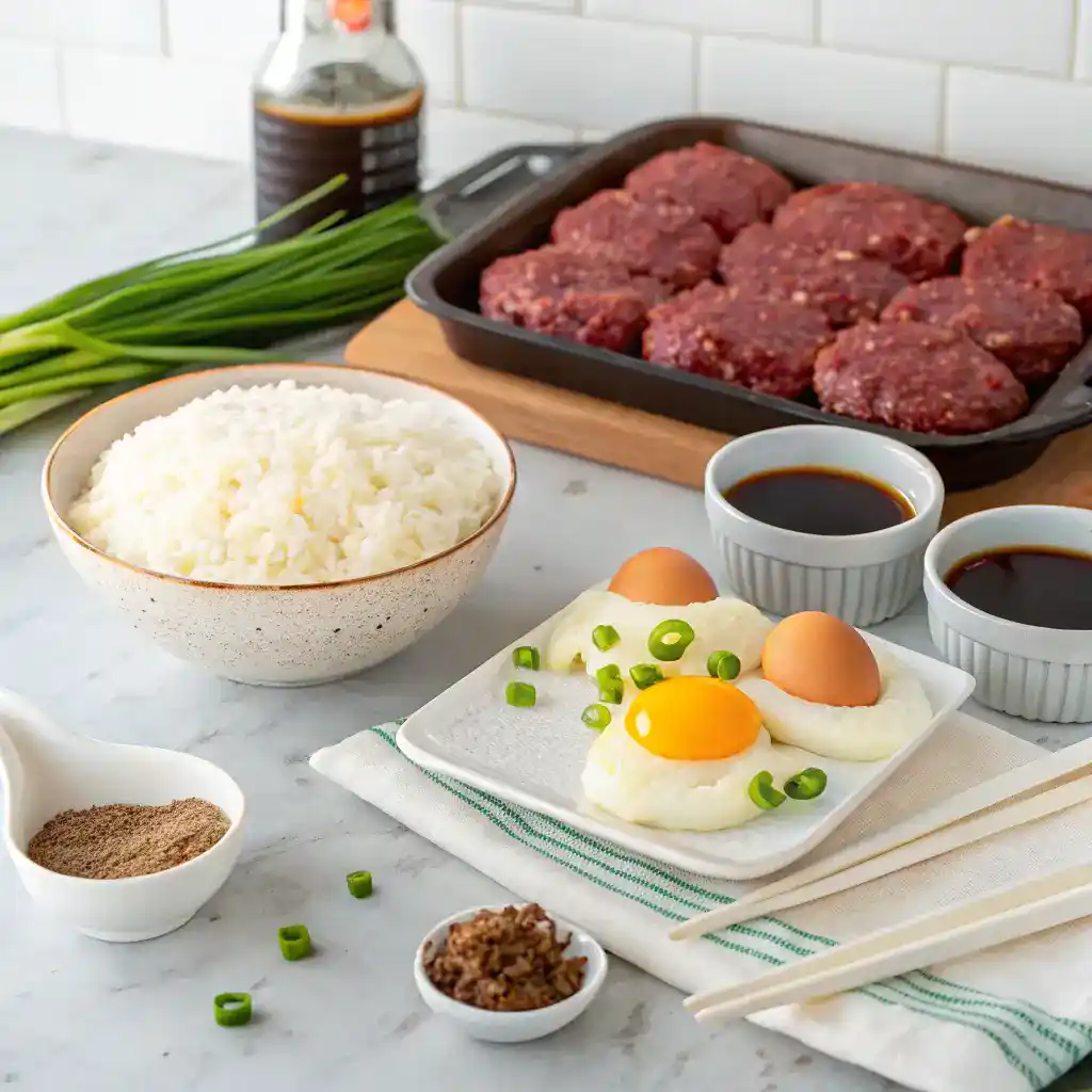 Ingredients for Loco Moco including rice, ground beef, eggs, and seasonings.