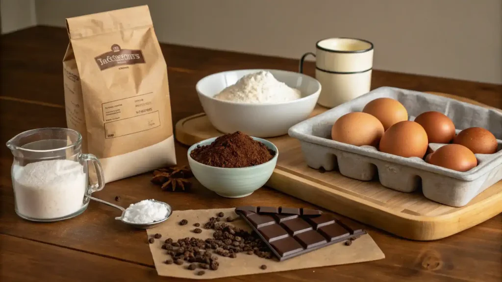 Ingredients for Lunchroom Ladies Brownies displayed on a wooden countertop.