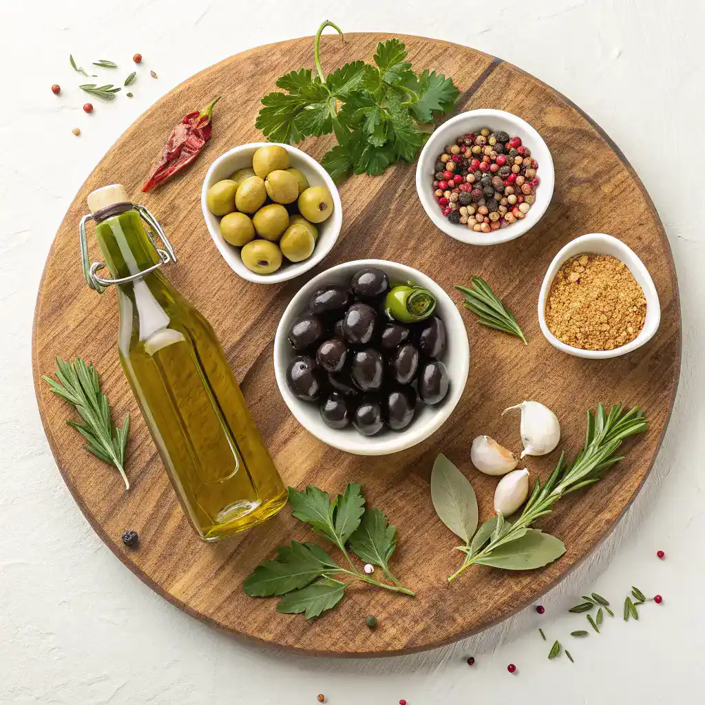 Ingredients for marinated olives including mixed olives, olive oil, garlic, fresh herbs, and spices on a cutting board.
