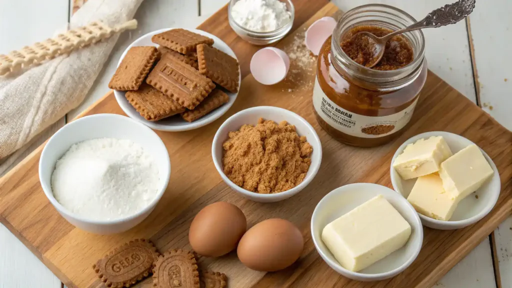 Ingredients for Mini Biscoff Cheesecakes displayed beautifully, including Biscoff cookies and cream cheese.