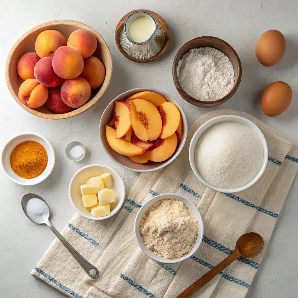Ingredients for Peach Cobbler Donuts including flour, sugar, peaches, and spices.