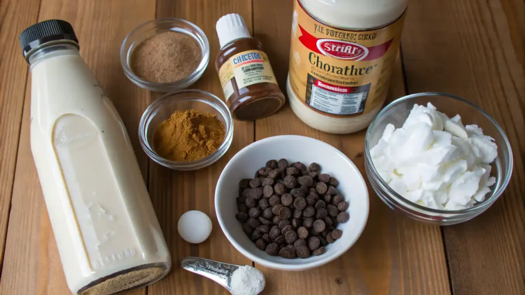 Ingredients for peanut butter hot chocolate displayed on a wooden table, including milk, cocoa powder, peanut butter, and more.
