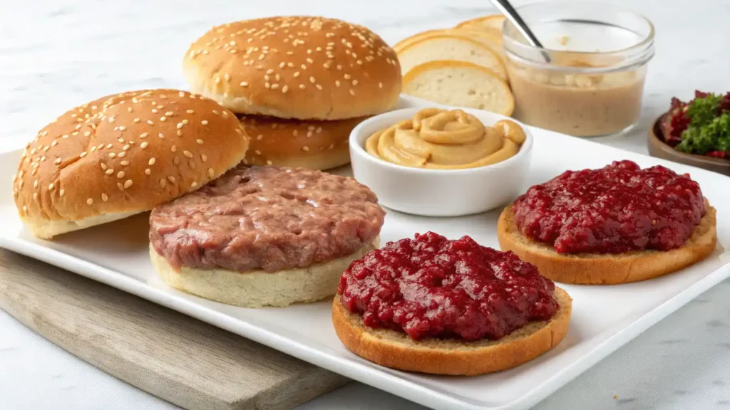 Ingredients for peanut butter and jelly burger displayed on a wooden table.
