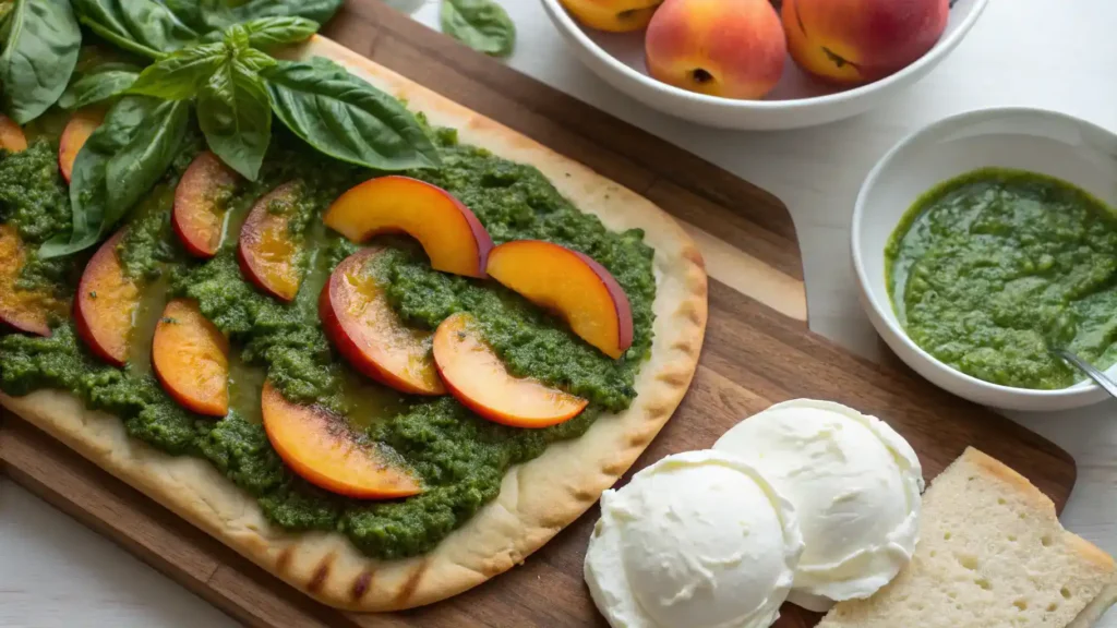Ingredients for Pesto, Grilled Peach & Burrata Flatbread.