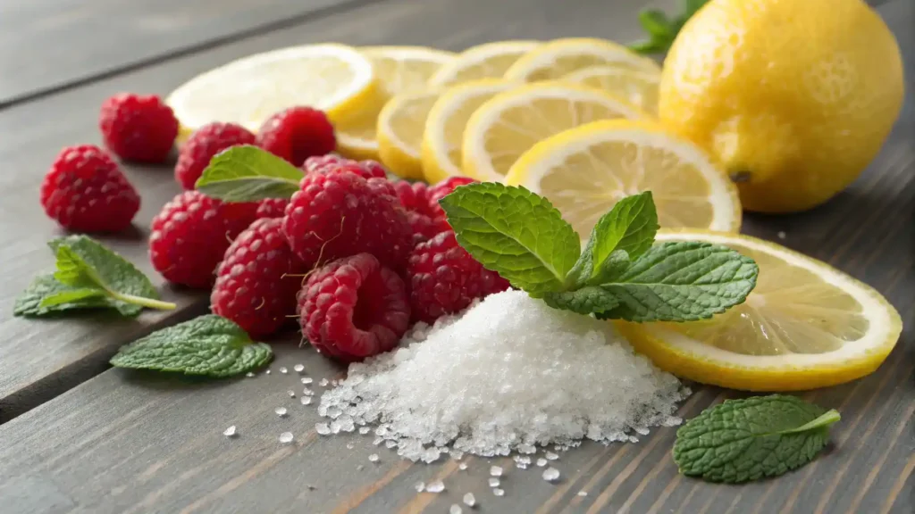 Ingredients for raspberry lemonade including fresh raspberries, lemons, sugar, and mint leaves.