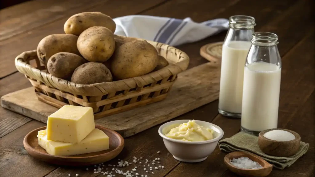 Ingredients for real mashed potatoes displayed on a wooden table.