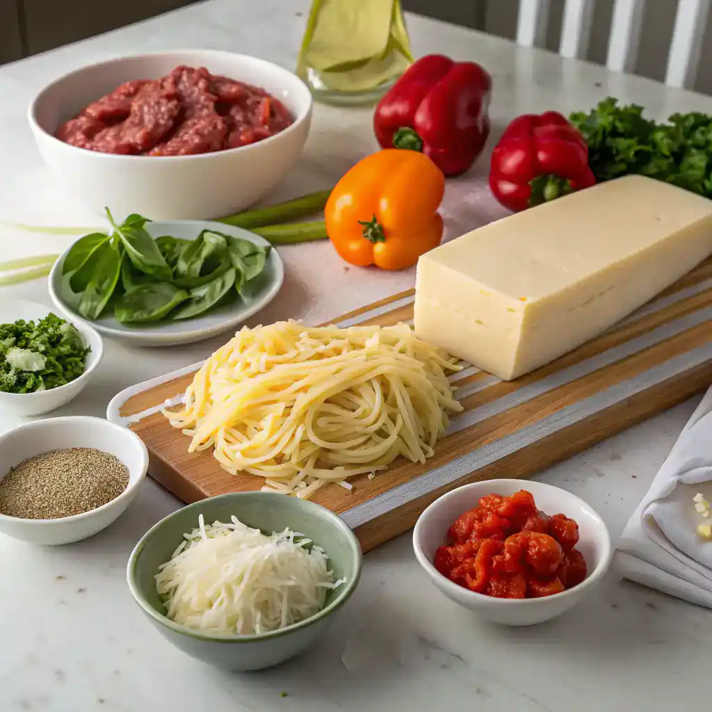 Ingredients for Spaghetti Pie, including spaghetti, eggs, ricotta cheese, and vegetables, arranged on a kitchen counter.