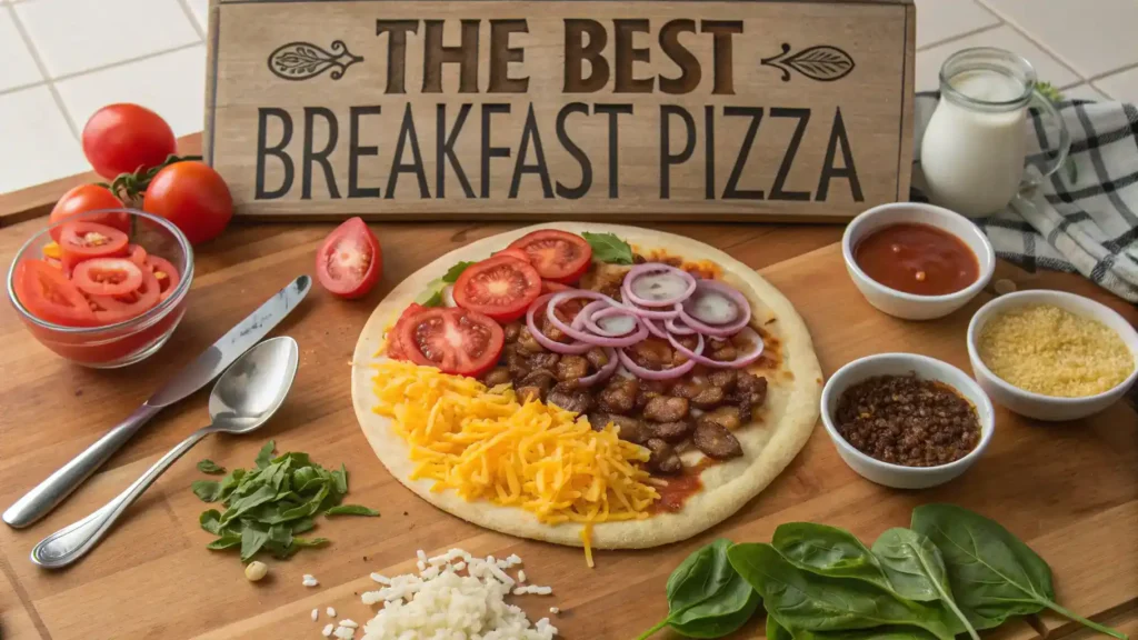 Ingredients for The Best Breakfast Pizza, including pizza dough, eggs, cheese, bell peppers, spinach, onions, and turkey bacon.