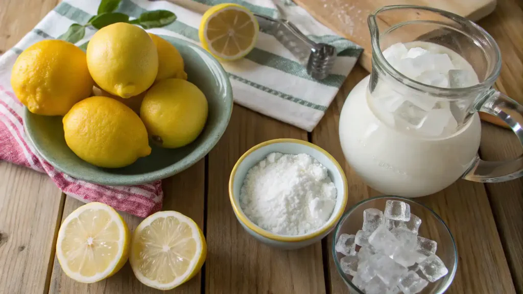 Ingredients for whipped lemonade including lemons, heavy cream, powdered sugar, and ice on a wooden table.