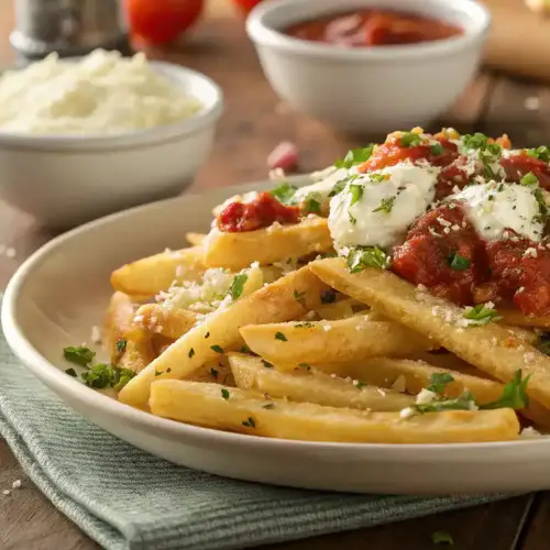 Crispy French fries topped with marinara sauce, ricotta cheese, and chopped parsley.