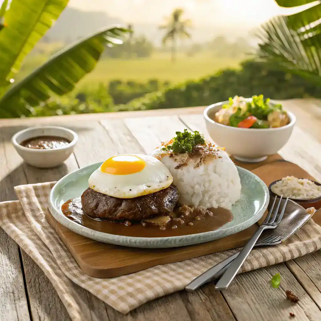 A beautifully presented Loco Moco dish on a rustic table.