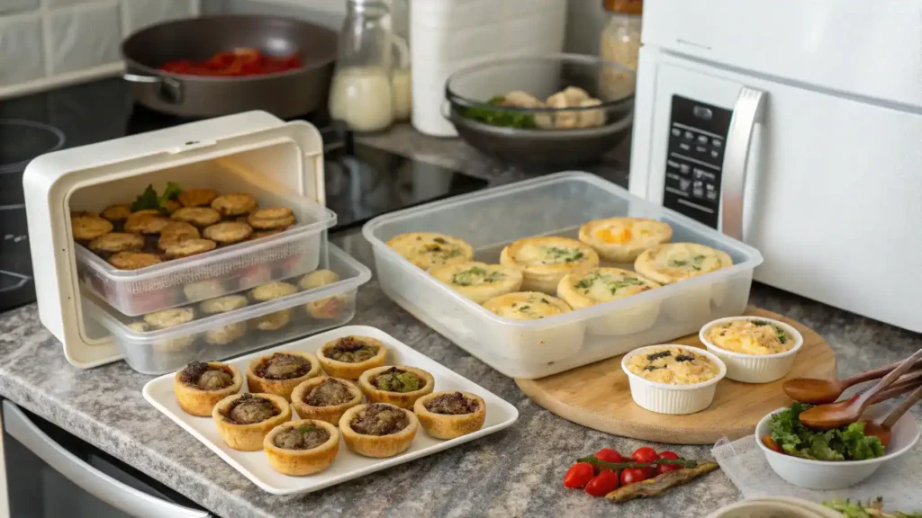 A kitchen scene showing how to store and reheat appetizers with containers and instructions.