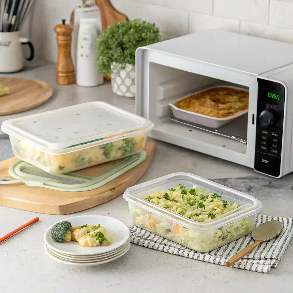 Tips for storing and reheating broccoli chicken cheese casserole, including containers and a microwave.