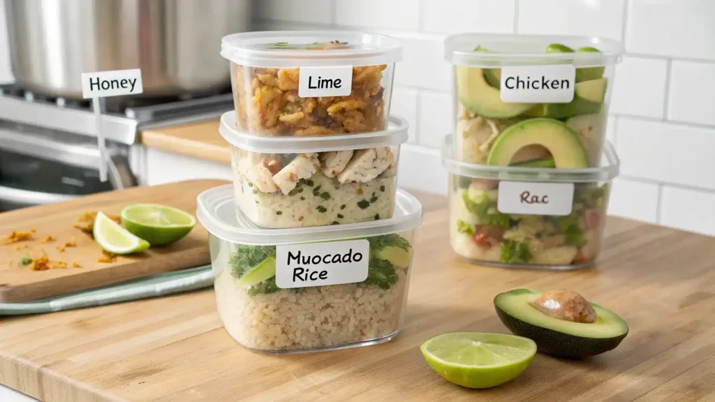 Storage tips for honey lime chicken and avocado rice stack.