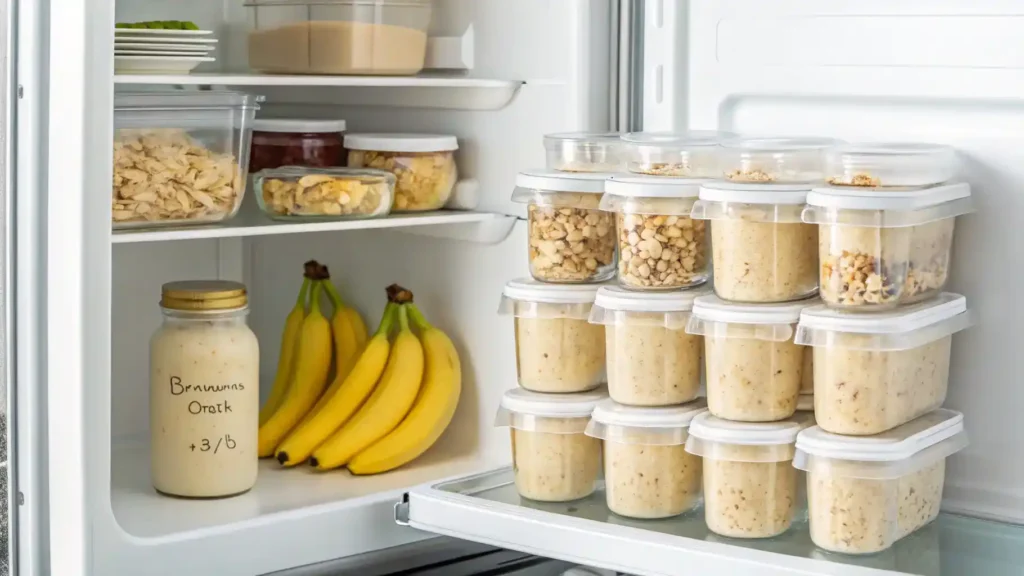 Storage tips for Banana Overnight Oats in jars and containers.