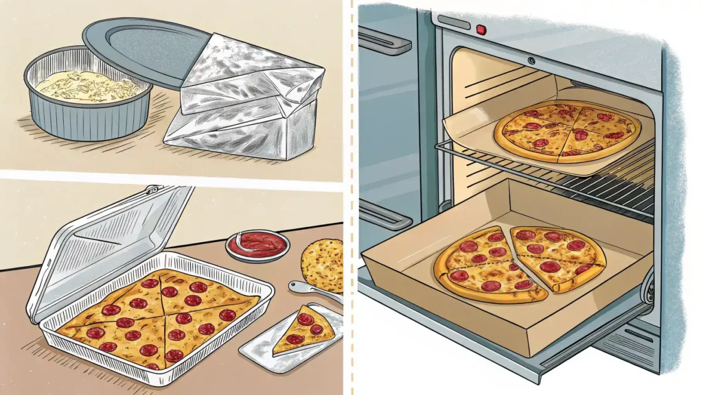 Storage and reheating instructions for leftover breakfast pizza, showing wrapped slices and an oven.