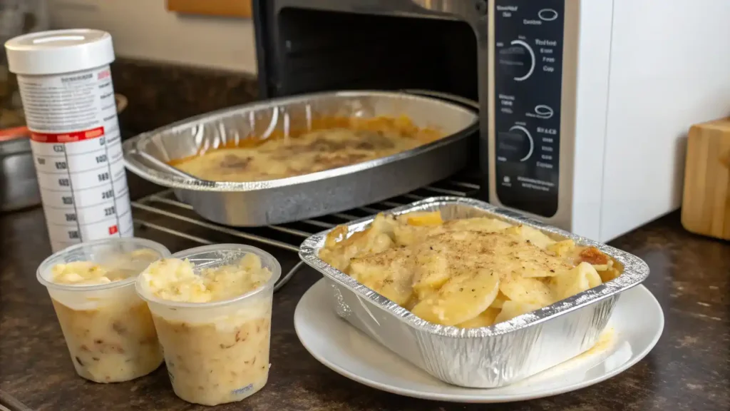 Storage and reheating tips for cheesy scalloped potatoes supreme, featuring airtight containers and oven instructions.