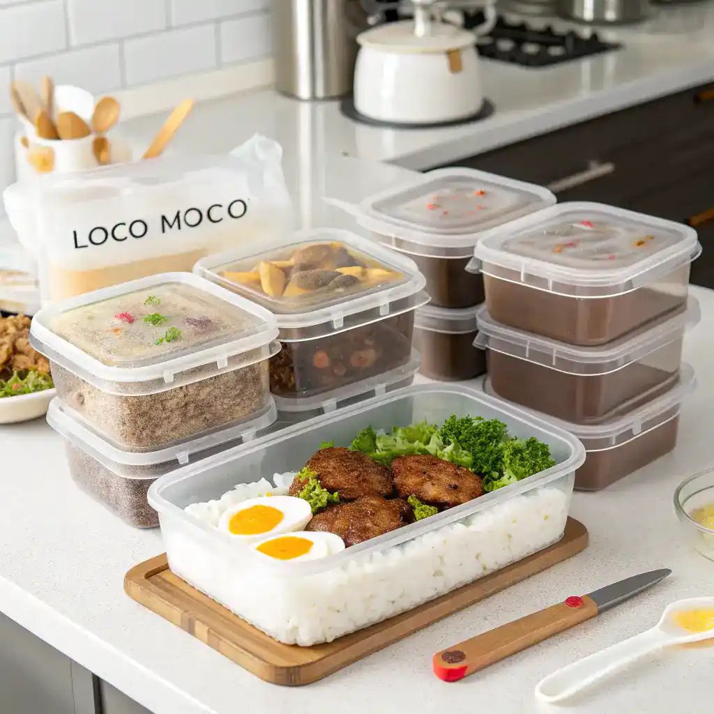 Storing leftovers of Loco Moco in airtight containers.