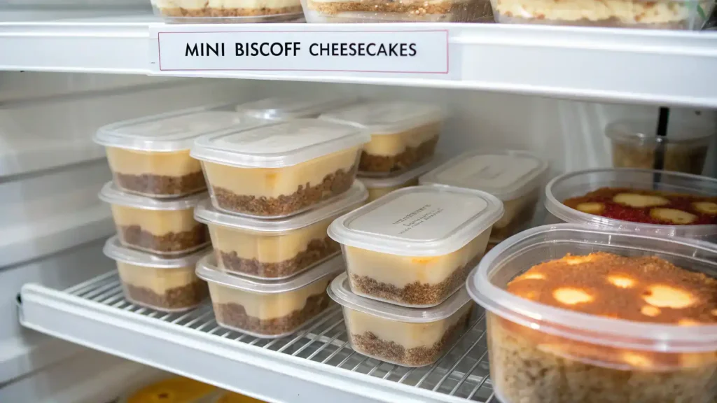 Proper storage methods for Mini Biscoff Cheesecakes, including airtight containers and freezing tips.