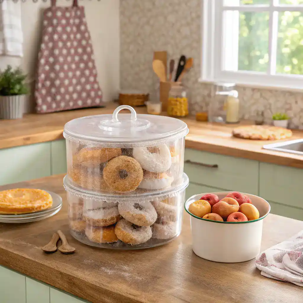 Storage tips for Peach Cobbler Donuts including airtight containers.