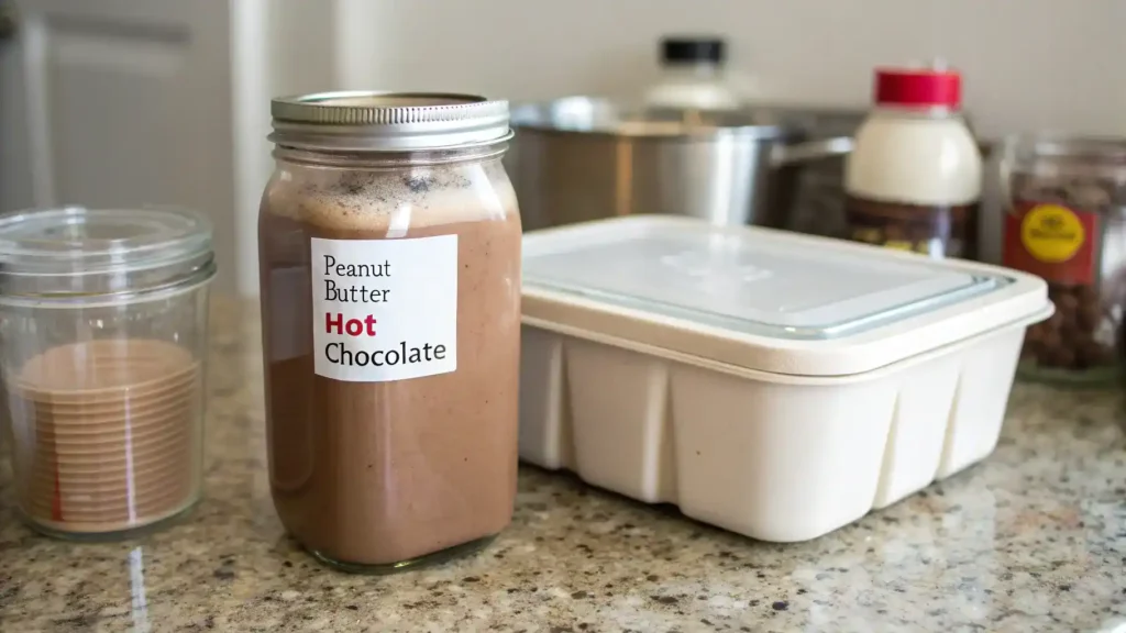 Storing peanut butter hot chocolate in a glass jar and freezer-safe container.