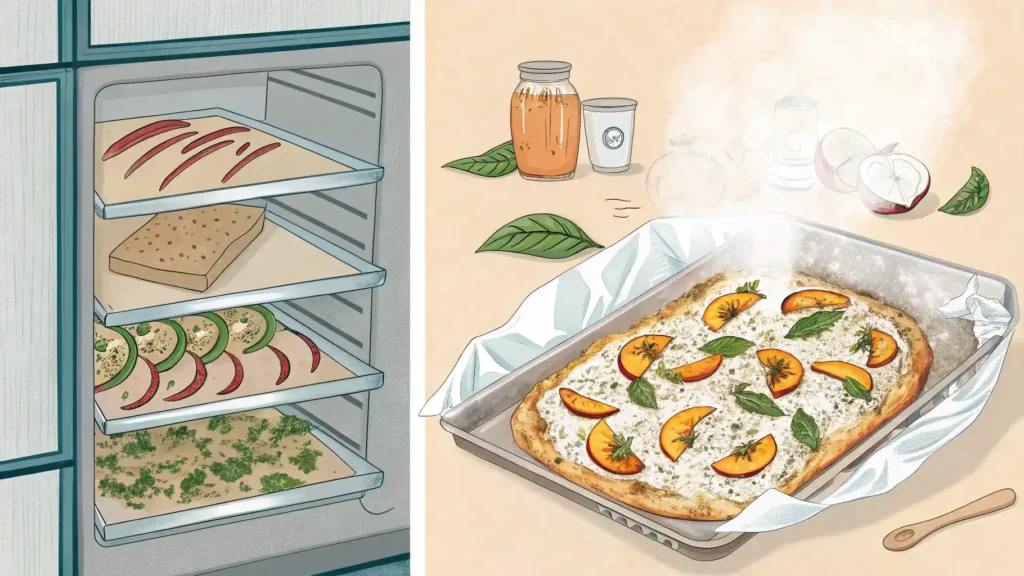 Storage and reheating tips for Pesto, Grilled Peach & Burrata Flatbread.