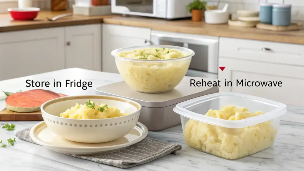 Storage and reheating instructions for leftover real mashed potatoes.