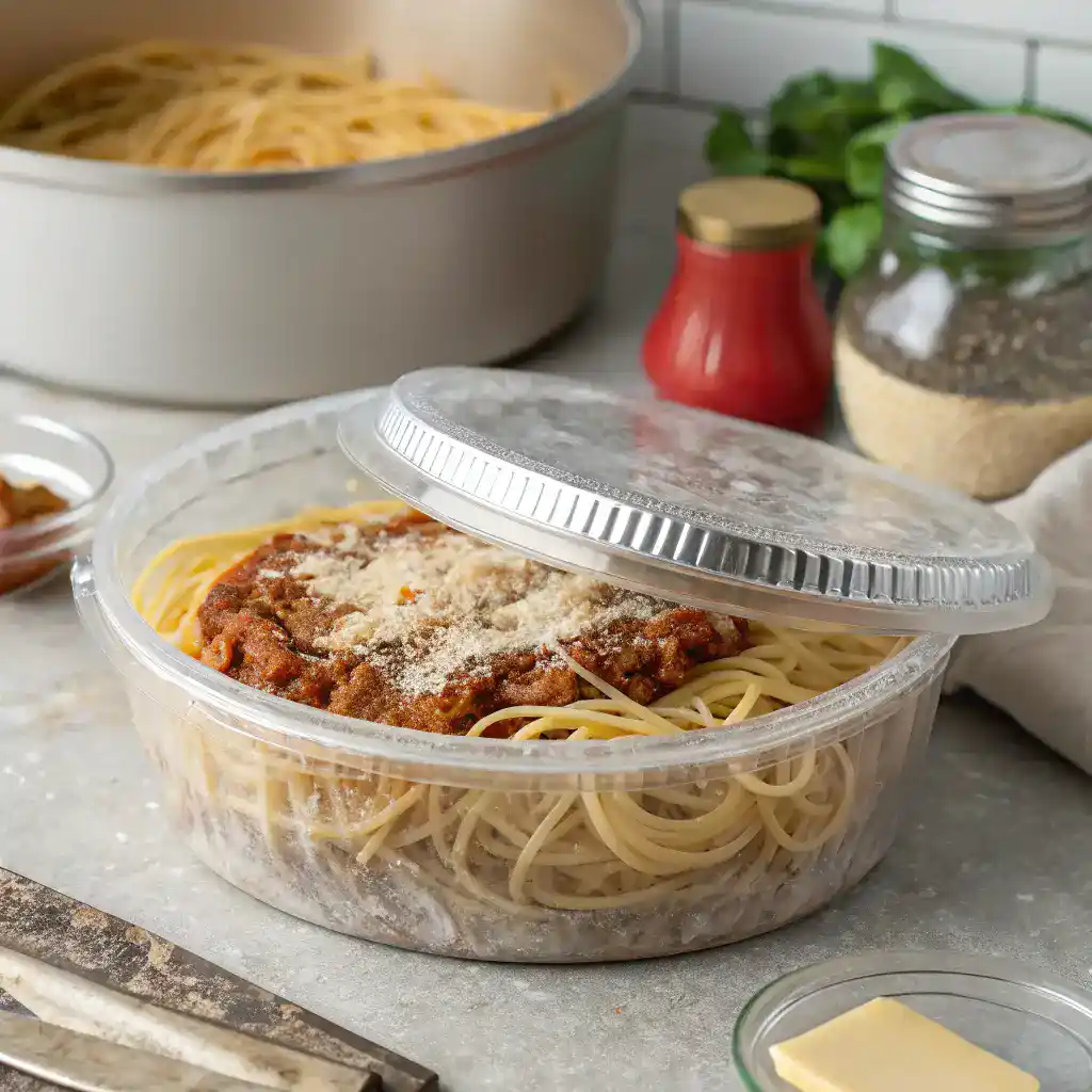 Spaghetti Pie stored in an airtight container, demonstrating proper storage techniques.