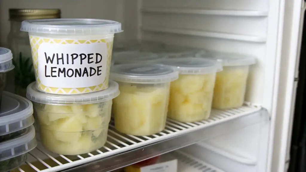 Storing whipped lemonade in airtight containers in a refrigerator.